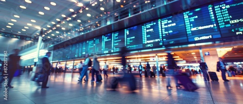 Blurred image of travelers in a busy airport terminal with a large blue flight information board overhead. People are walking and carrying luggage