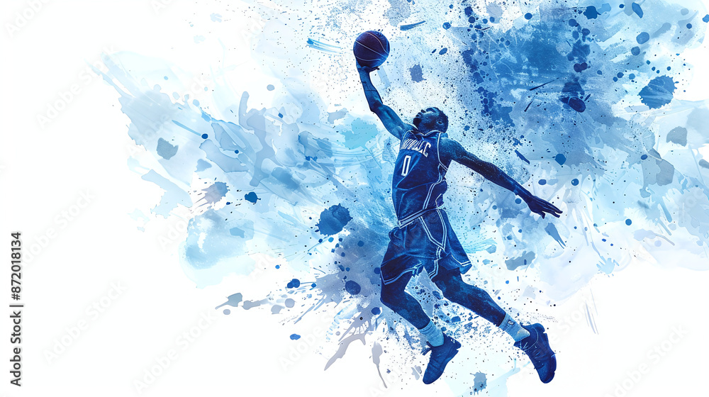 Blue Ink Painting of Basketball Player Silhouette: Light Blue Watercolor Style with Splash Effects. Blue Ink Painting of Basketball Player Silhouette: Light Blue Watercolor Style with Splash Effects.