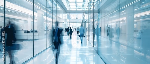 Blurred image of professionals walking through a sleek, modern office hallway with glass walls. The bright and clean environment reflects a contemporary corporate setting © mikeosphoto