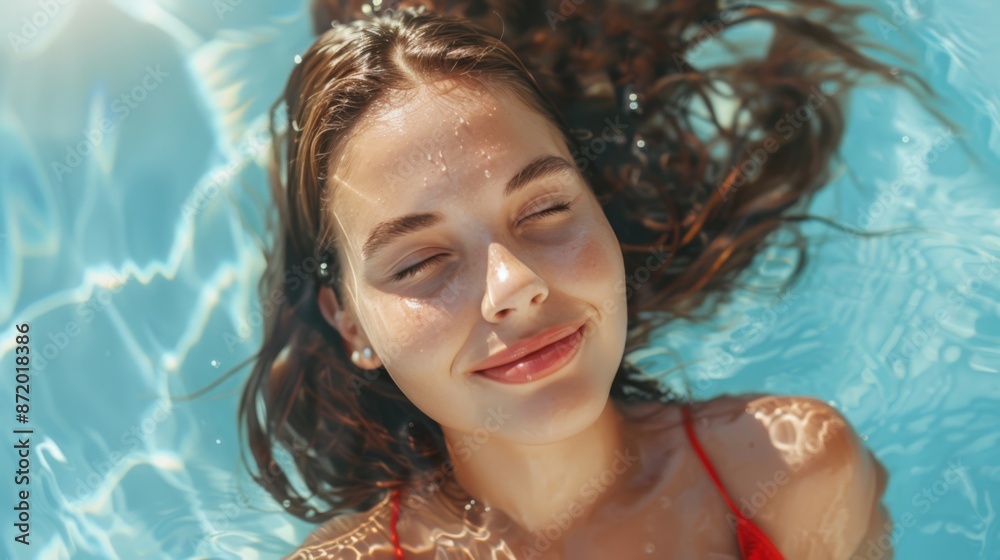 Young woman in a red bikini floating in a pool, eyes closed and smiling, enjoying the sunlight. Water ripples reflect on her serene face, creating a peaceful atmosphere Young woman in a red bikini floating in a pool, eyes closed and smiling, enjoying the sunlight. Water ripples reflect on her serene face, creating a peaceful atmosphere