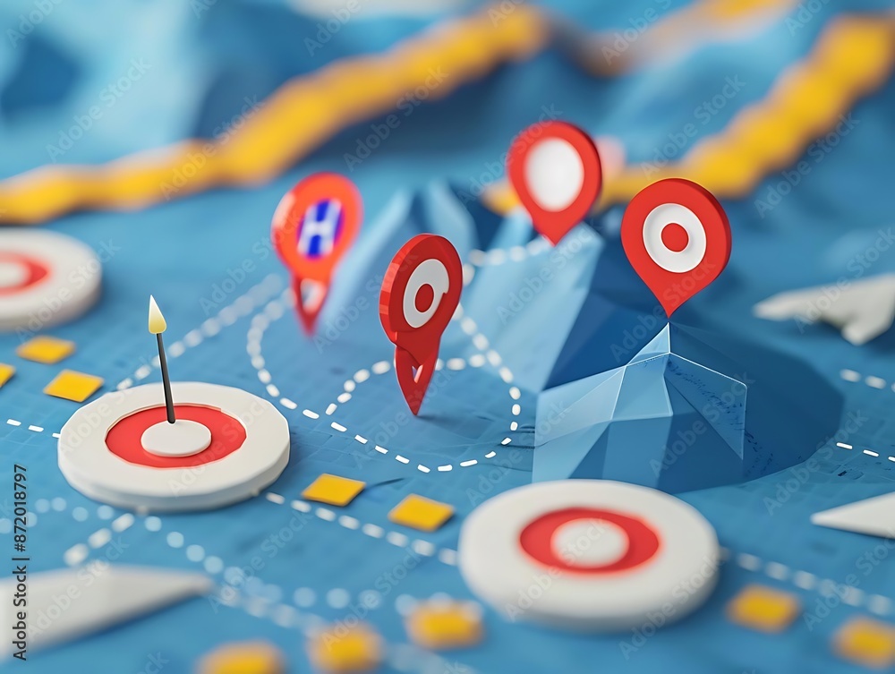 3D Illustration of Red Location Pins on a Blue Map with Yellow and ...