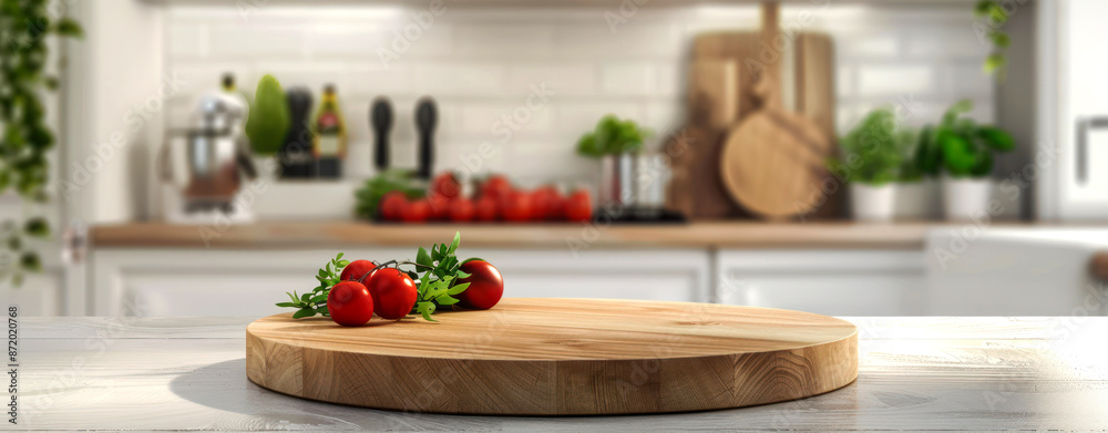 A closeup shot of an wooden round pizza board placed on the kitchen counter A closeup shot of an wooden round pizza board placed on the kitchen counter