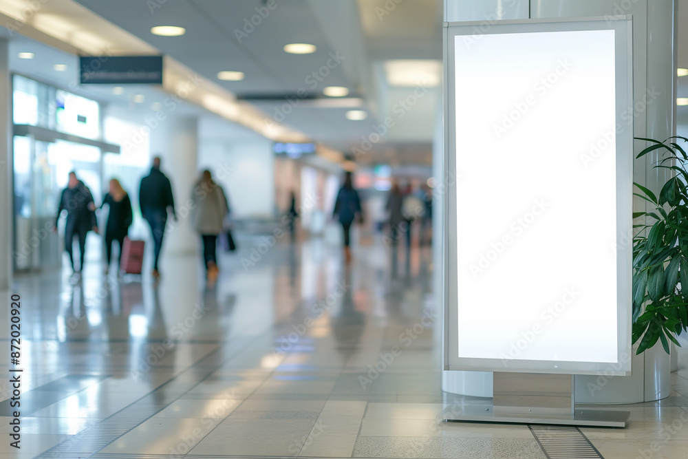 Photo of A blank roll-up banner on the floor in an airport lobby, with people walking by and blurry background. Web banner style Photo of A blank roll-up banner on the floor in an airport lobby, with people walking by and blurry background. Web banner style