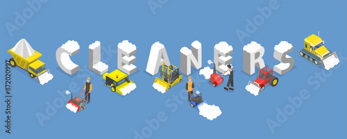 3D Isometric Flat Vector Illustration of Snow Cleaners, Snowy Street Cleanup