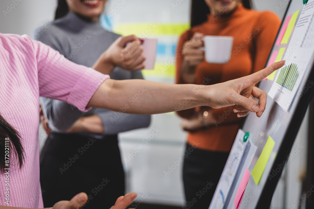 Startup business meeting, coworkers are discussing planning a business project on a whiteboard in the office. Startup business meeting, coworkers are discussing planning a business project on a whiteboard in the office.