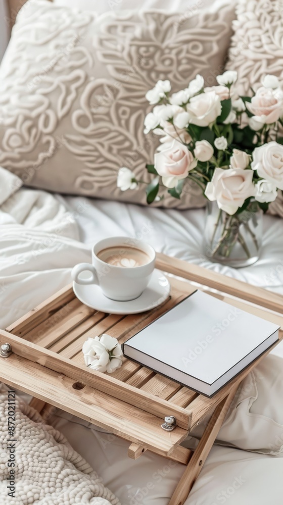 A white cup of coffee sits on a wooden tray next to a vase of white roses on a bedside table