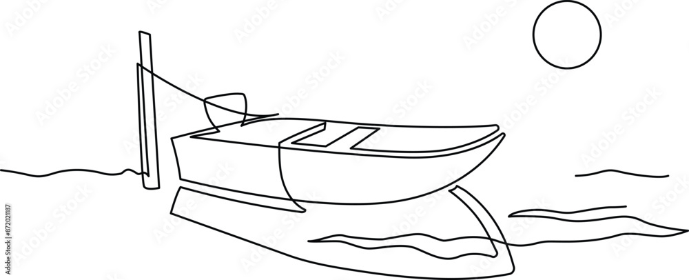 Fishing boats and boats at the pier on the shore. Continuous line drawing. Illustration, vector Fishing boats and boats at the pier on the shore. Continuous line drawing. Illustration, vector