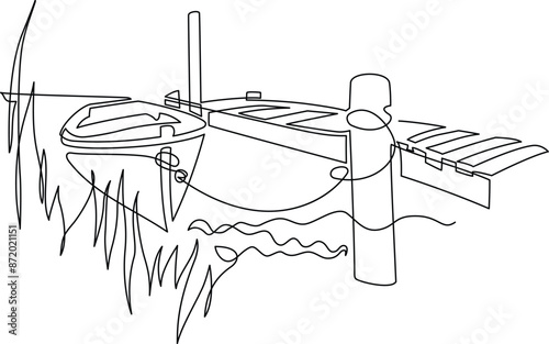 Fishing boats and boats at the pier on the shore. Continuous line drawing. Illustration, vector