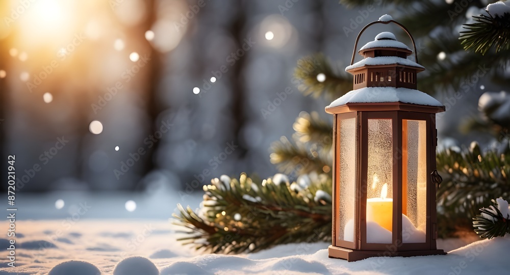 Christmas lantern in the snow with fir branches in the sun. winter decoration background. Generative AI Christmas lantern in the snow with fir branches in the sun. winter decoration background. Generative AI