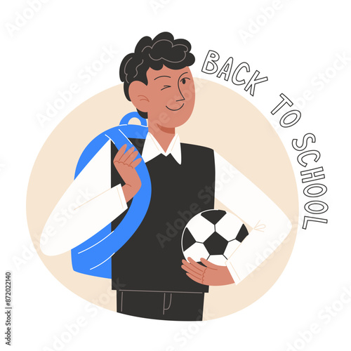 A schoolboy in a school uniform, a backpack and a soccer ball