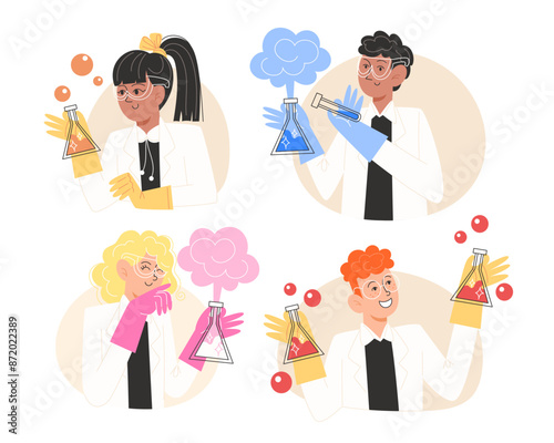 Schoolchildren in a lab coats hold test tubes during a chemistry lesson