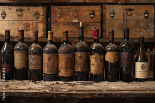Row of vintage wine bottles on an old wooden table in a rustic setting.