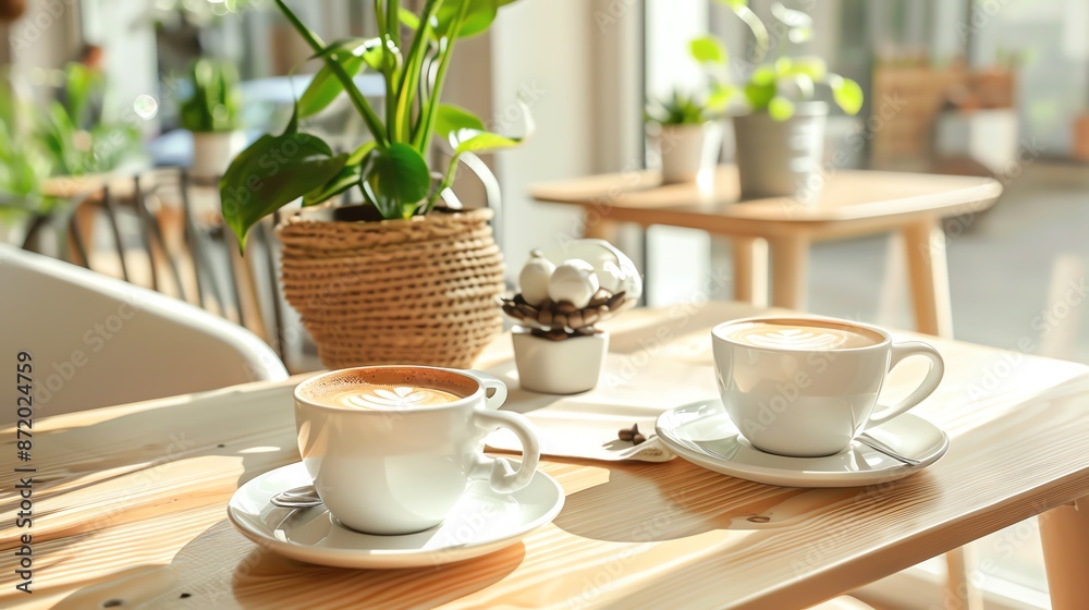Cozy cafe setting with two cups of coffee, table, and plants. A perfect place to relax and enjoy a warm beverage in a calming atmosphere. Cozy cafe setting with two cups of coffee, table, and plants. A perfect place to relax and enjoy a warm beverage in a calming atmosphere.