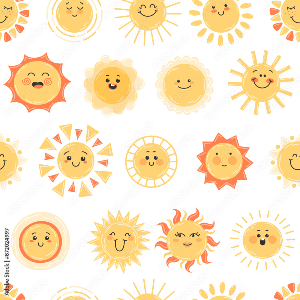 Childish seamless pattern with happy yellow sun smiling on white background Childish seamless pattern with happy yellow sun smiling on white background