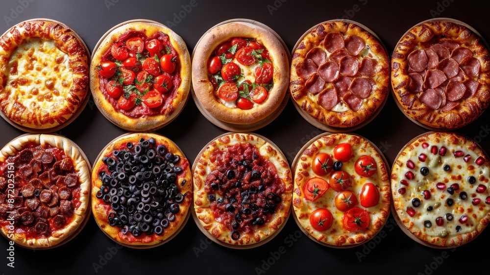 A variety of delicious pizzas with different toppings arranged in a grid layout on a black background. Perfect for food lovers. A variety of delicious pizzas with different toppings arranged in a grid layout on a black background. Perfect for food lovers.