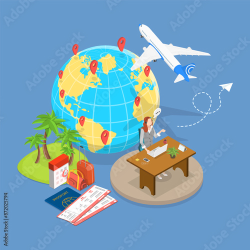 3D Isometric Flat Vector Illustration of Touristic Service, Travel Company Manager