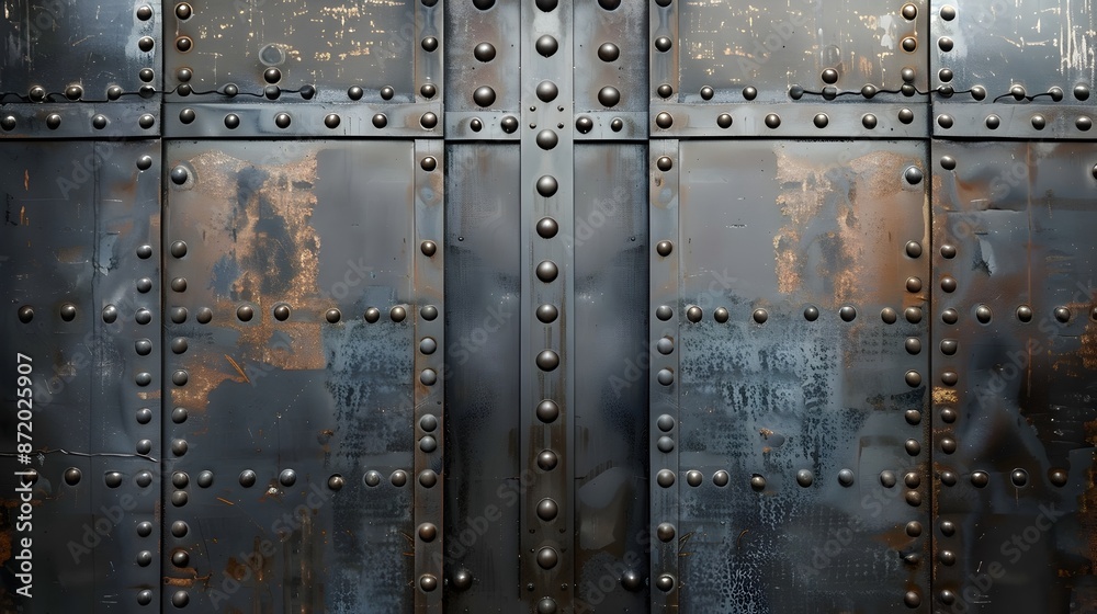 Fototapeta premium Riveted Steel Plates with Visible Seams,Rugged Industrial Metal Background