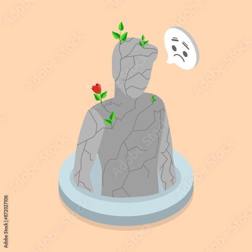 3D Isometric Flat Vector Illustration of Rebirth, Lonely Figure with Flower Growing on him Symbolizes Solitude and Isolation.