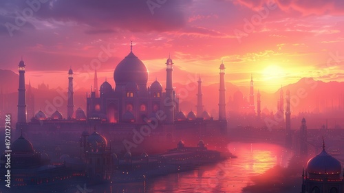 A stunning view of the Taj Mahal at sunrise, with a vibrant sky and the historical monument reflected in the water below.