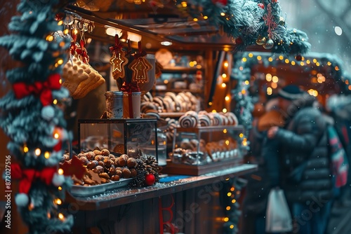 Christmas market food stall with baked goods and festive decorations