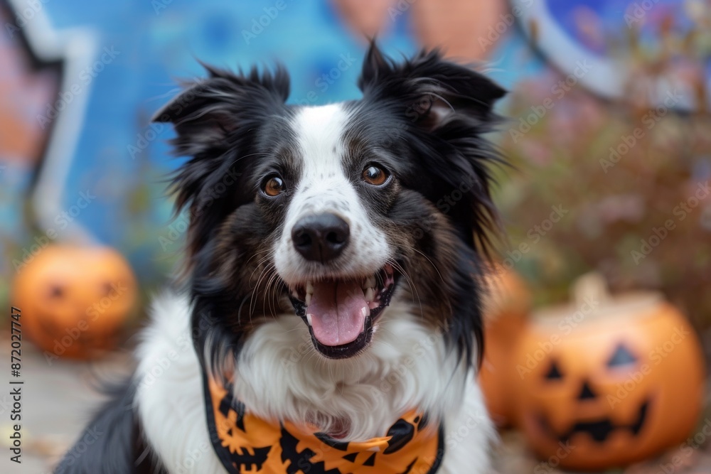 Cute black and white dog with Halloween bandana, surrounded by carved pumpkins and graffiti background, celebrating the spooky season. Cute black and white dog with Halloween bandana, surrounded by carved pumpkins and graffiti background, celebrating the spooky season.