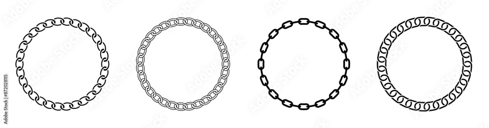 Round frames made of necklace rope. Vector set of borders in the shape of circle chain. Seamless wreath circle shape. Jewelry design, text frame. Round frames made of necklace rope. Vector set of borders in the shape of circle chain. Seamless wreath circle shape. Jewelry design, text frame.
