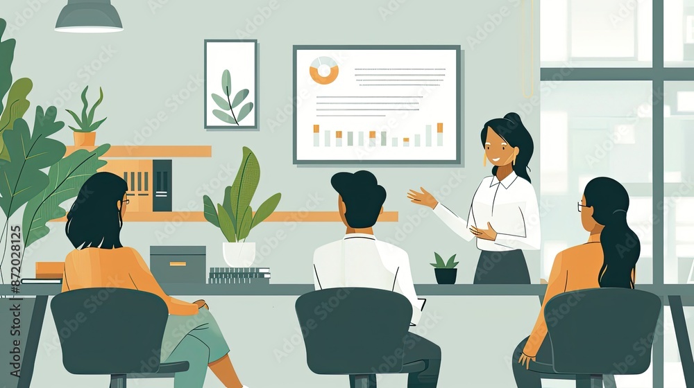 Illustration of a business meeting with people discussing a presentation in a modern office environment Illustration of a business meeting with people discussing a presentation in a modern office environment