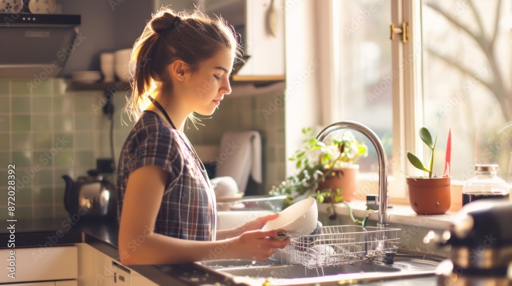 A woman is washing dishes in a kitchen