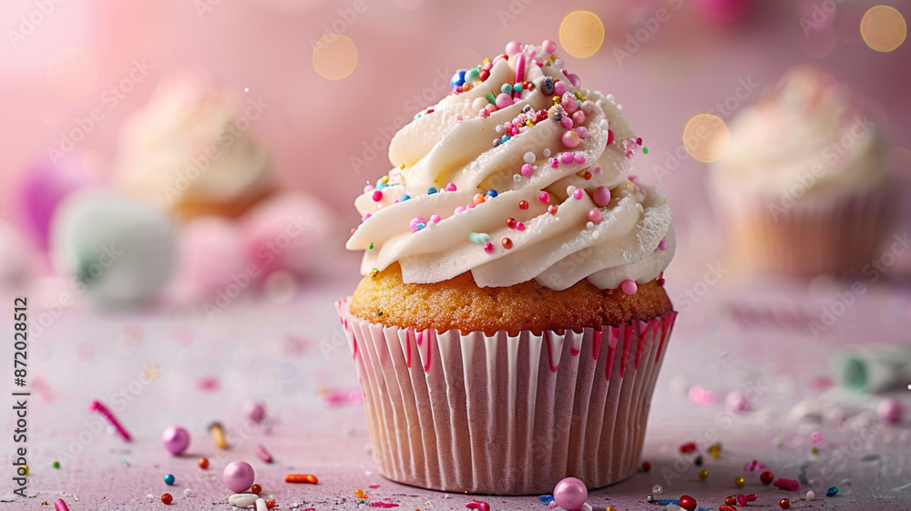 Mouthwatering Birthday Cupcake with Creamy Icing and Festive Toppings, Set Against a Soft, Light-Colored Background, Inviting Viewers to Indulge in a Sweet Celebration, Real Photography Mouthwatering Birthday Cupcake with Creamy Icing and Festive Toppings, Set Against a Soft, Light-Colored Background, Inviting Viewers to Indulge in a Sweet Celebration, Real Photography