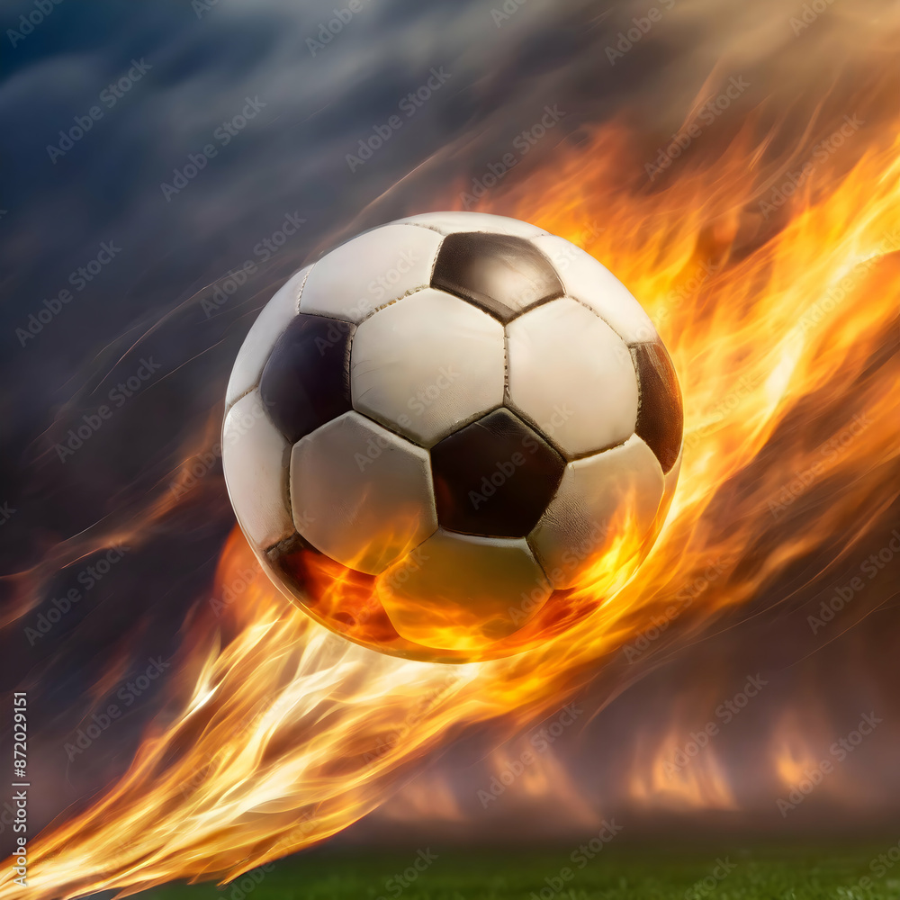 Obraz premium a soccer ball flying through the air with a trail of burning fire flame, emphasizing motion and intensity
