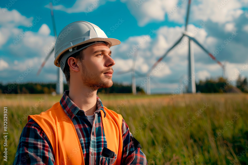 portrait professional male in helmet looking away near the energy farm in the countryside portrait professional male in helmet looking away near the energy farm in the countryside