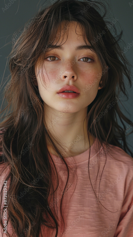 A captivating portrait of a young Asian woman with tousled dark hair wearing a pink t-shirt, embodying natural beauty and contemporary style.