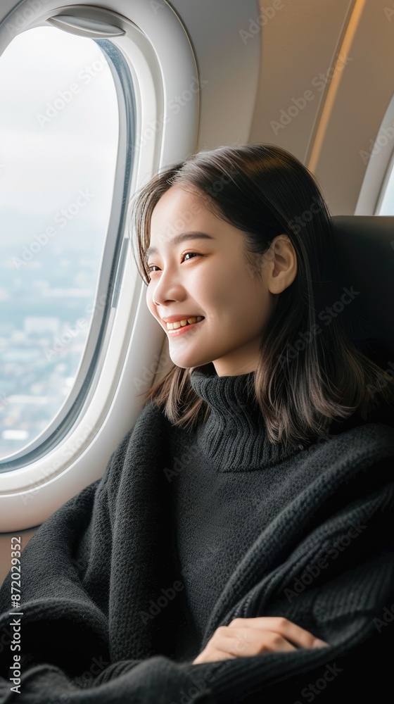 A young woman sits in an airplane seat, smiling at the camera A young woman sits in an airplane seat, smiling at the camera