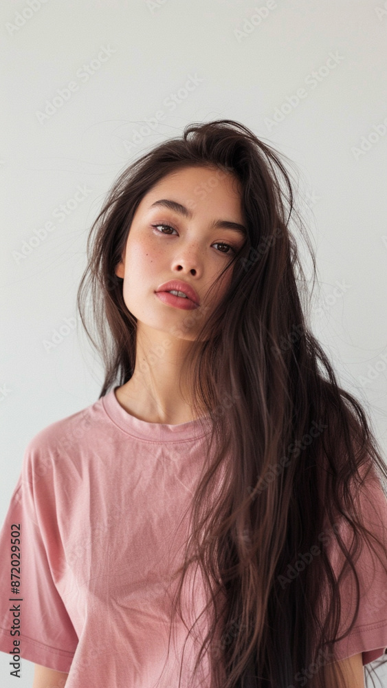 A captivating portrait of a young Asian woman with tousled dark hair wearing a pink t-shirt, embodying natural beauty and contemporary style.
