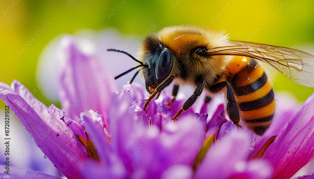 A bee is collecting honey on a colorful flower, with blurred background. Generative AI A bee is collecting honey on a colorful flower, with blurred background. Generative AI