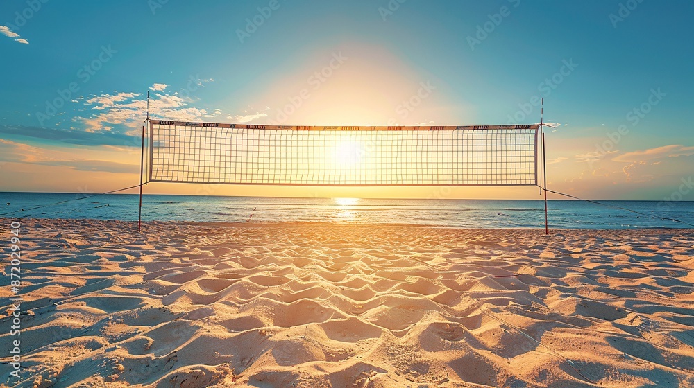 Serene Sunset Beach Volleyball Court with Open Space Above Net for Custom Designs or Text Serene Sunset Beach Volleyball Court with Open Space Above Net for Custom Designs or Text