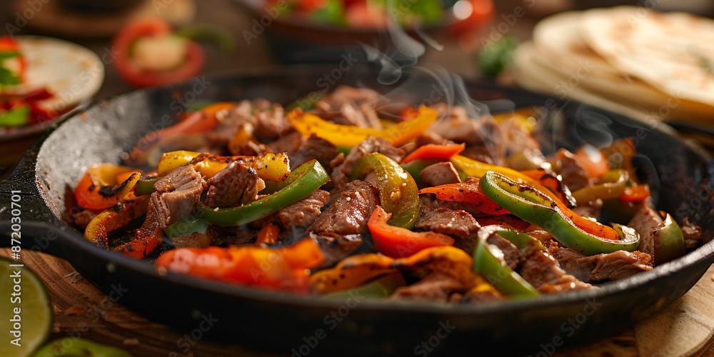Sizzling fajitas with chicken, beef, bell peppers, and warm tortillas. Sizzling fajitas with chicken, beef, bell peppers, and warm tortillas.