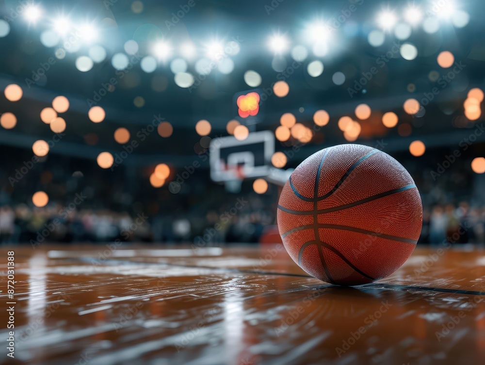 basketball arena with dramatic lighting focus on single basketball in foreground blurred crowd and court in background dynamic angle captures anticipation and energy basketball arena with dramatic lighting focus on single basketball in foreground blurred crowd and court in background dynamic angle captures anticipation and energy