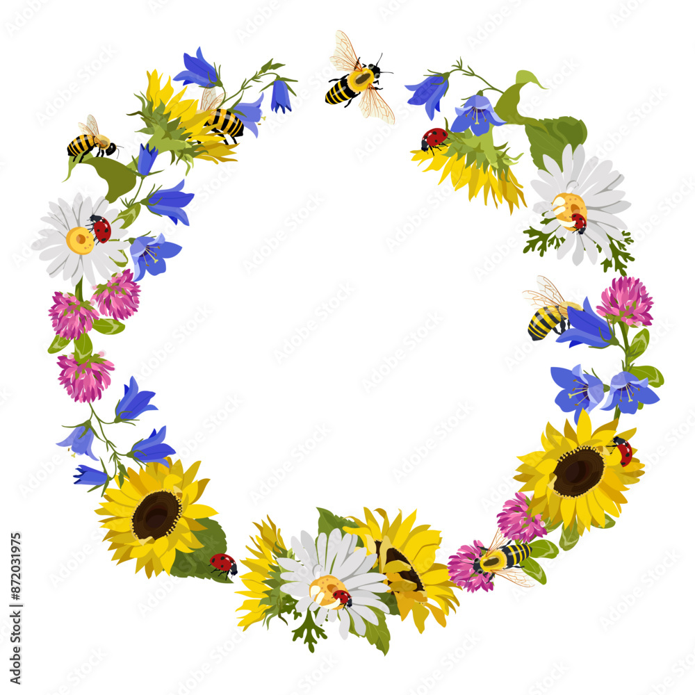 Wreath with wildflowers, ladybugs and bees. Vector illustration. Wreath with wildflowers, ladybugs and bees. Vector illustration.