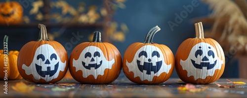 Four cute pumpkins with ghost faces painted on them, perfect for Halloween decoration on a wooden table with autumn leaves.