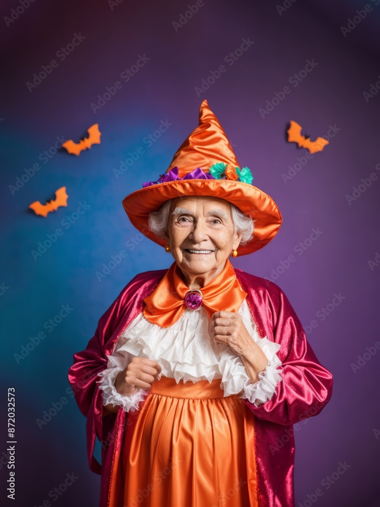 Senior woman in witch halloween costume smiles in front of a purple background with bats Senior woman in witch halloween costume smiles in front of a purple background with bats