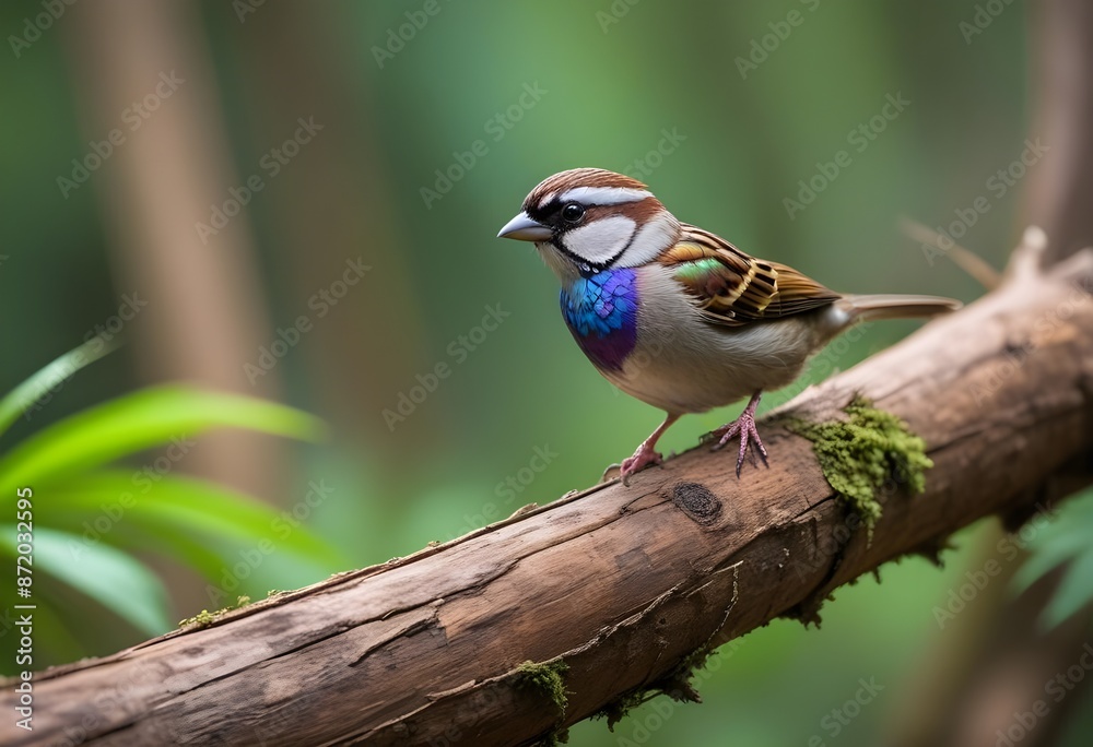 Fototapeta premium A lively sparrow with iridescent plumage hopping along a fallen tree trunk, its melodic calls blending with the symphony of nature in the heart of a lush, tropical rainforest., vibrant color palette, 