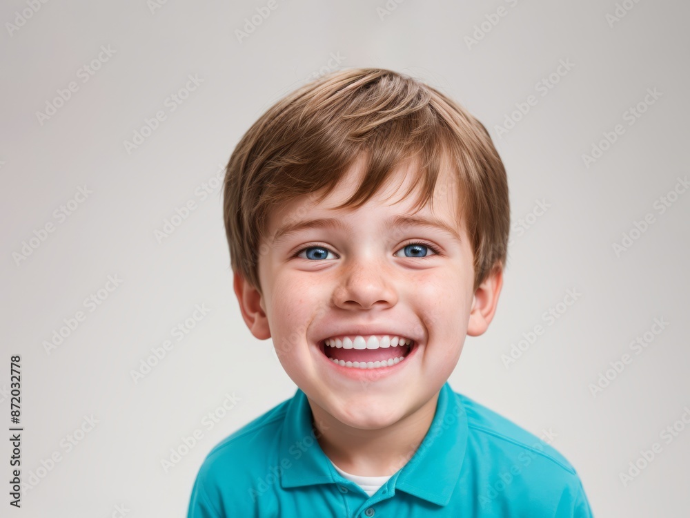 Young happy boy portrait with brown hair smiles broadly, revealing his white teeth, isolated background Young happy boy portrait with brown hair smiles broadly, revealing his white teeth, isolated background