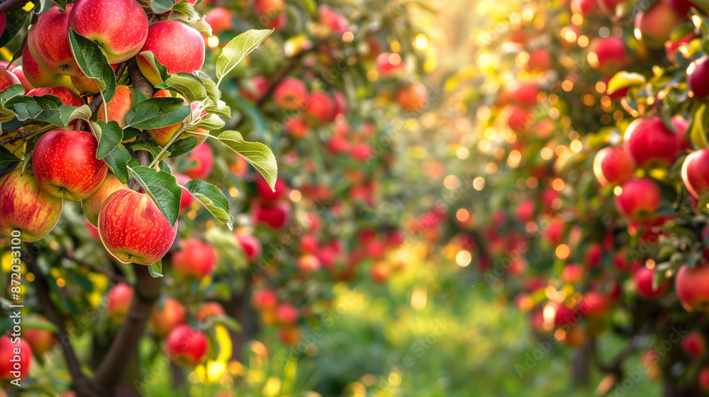 copy space, stockphoto, view on an orchard with red apples. Healthy food concept. Fruit with vitamines and antioxidants. Tasty fresh apples hanging on a tree in a apple orchard. copy space, stockphoto, view on an orchard with red apples. Healthy food concept. Fruit with vitamines and antioxidants. Tasty fresh apples hanging on a tree in a apple orchard.