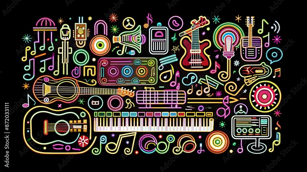 Vibrant Neon Music Elements Collage, Ideal for Posters, Apparel, and Music Festival Promotions Vibrant Neon Music Elements Collage, Ideal for Posters, Apparel, and Music Festival Promotions