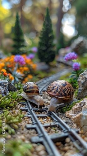 Miniature racetrack drama with snails vs tortoise, a thrilling slow-stakes race captivating the audience
