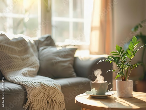 cozy living room corner with steaming coffee cup on wooden side table soft natural light potted plant and comfortable couch creating inviting atmosphere