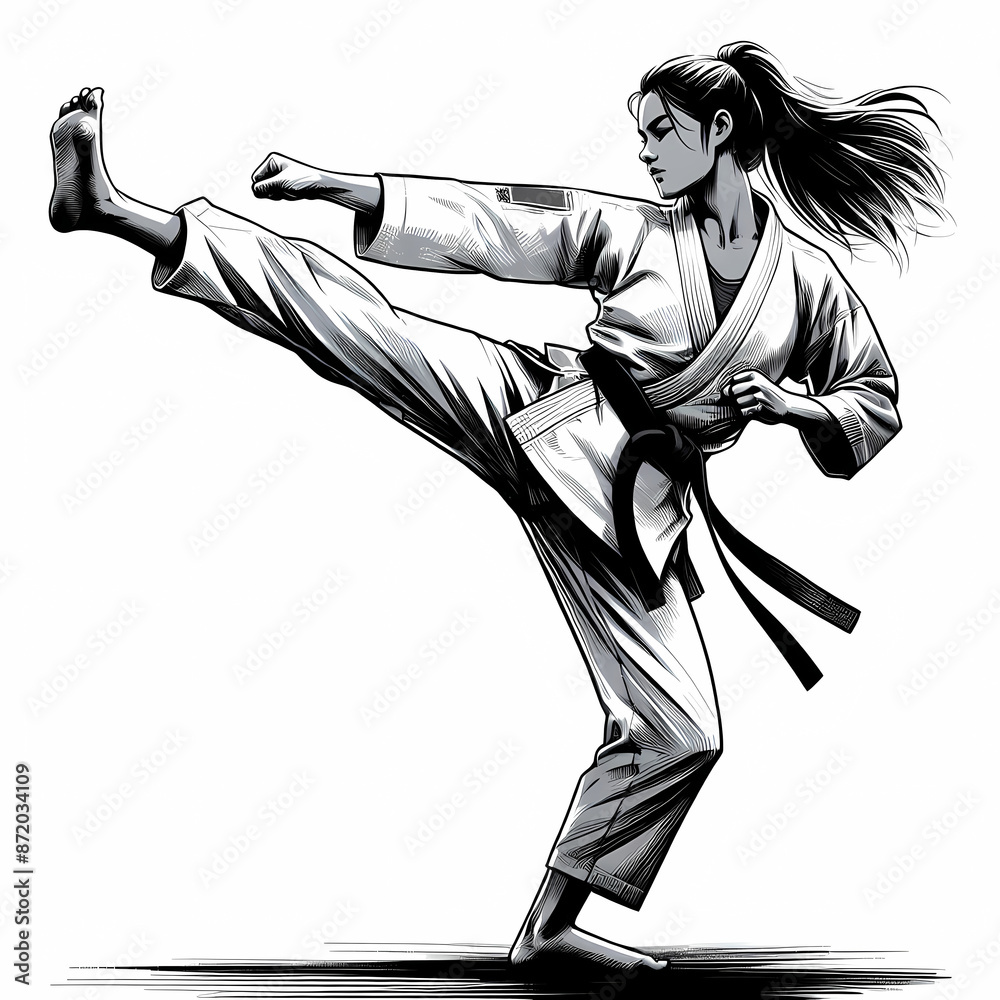 monochrome illustration martial artist performing kick artist uniform belt blue white monochrome illustration martial artist performing kick artist uniform belt blue white