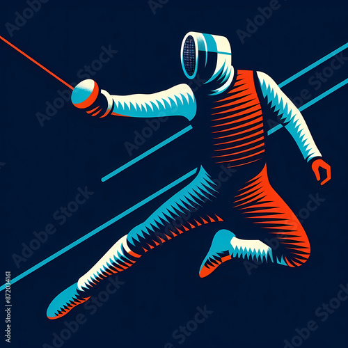 stylized depiction fencer action fencer gear fencing sword minimal colors like blue red