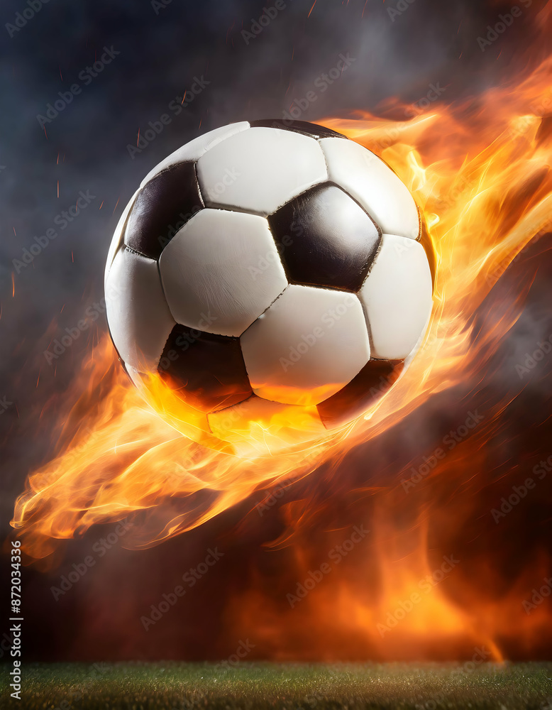 Naklejka premium soccer ball in fire.a soccer ball in flight with blazing fire flames, highlighting the power and excitement of the moment